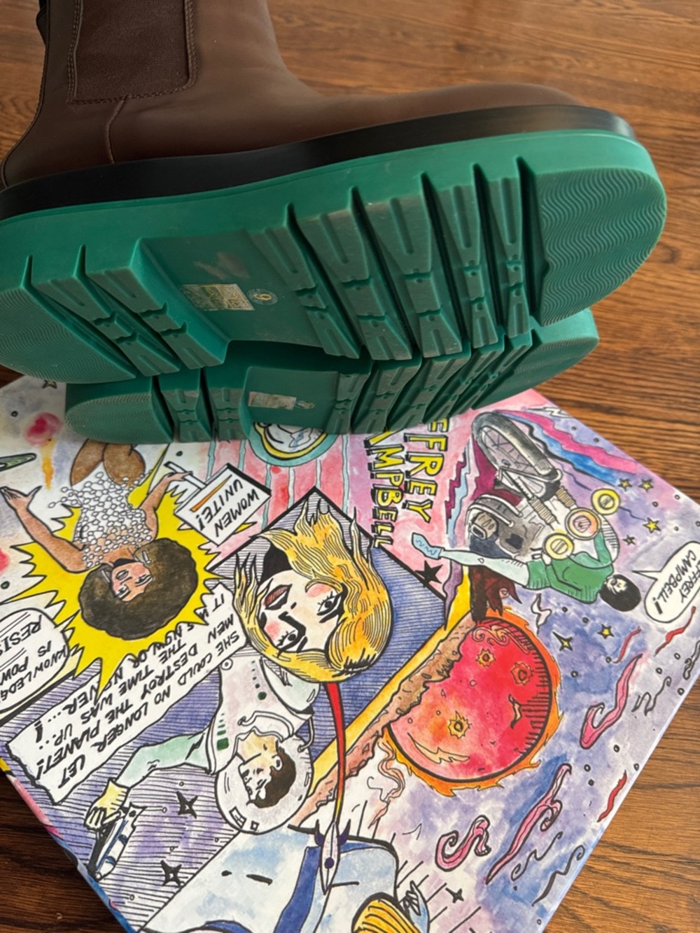 🦄🦄 JEFFERY  CAMPBELL Brown Leather Chelsea Boots with Green Platform Sole - Picture 7 of 7